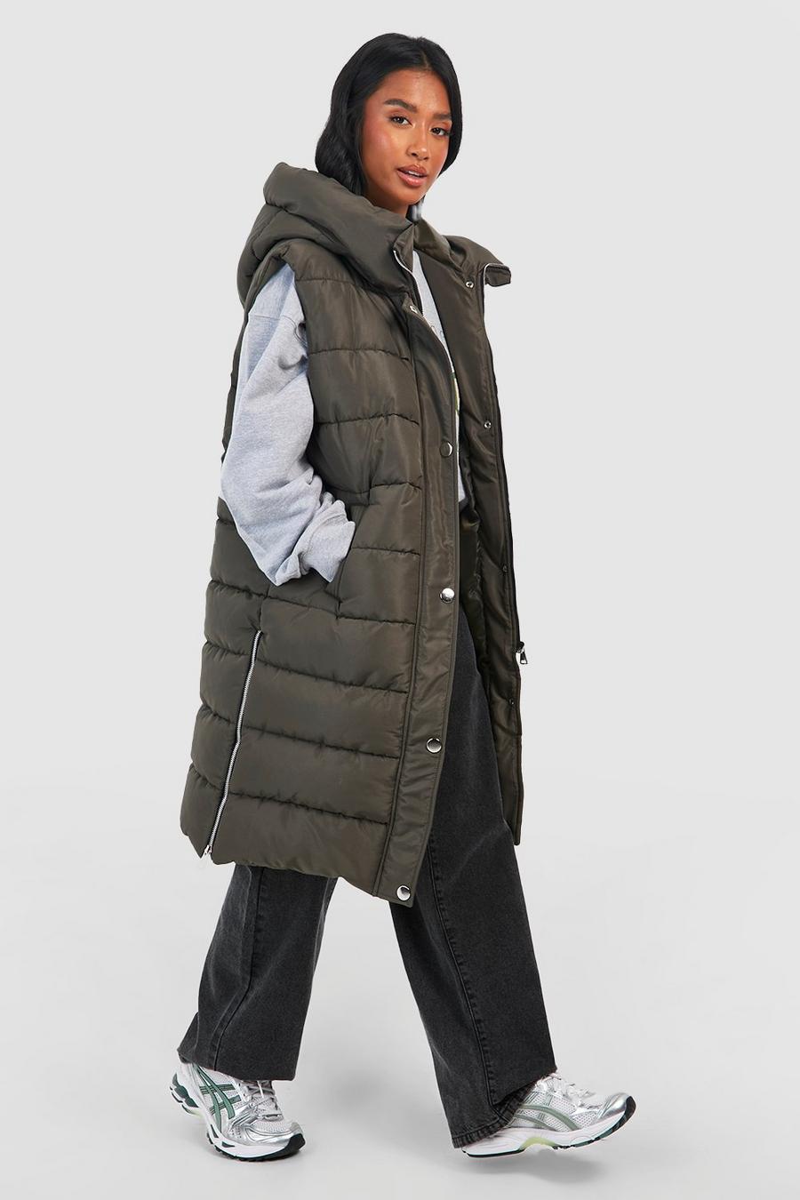 Khaki Petite Hooded Longline Vest image number 1