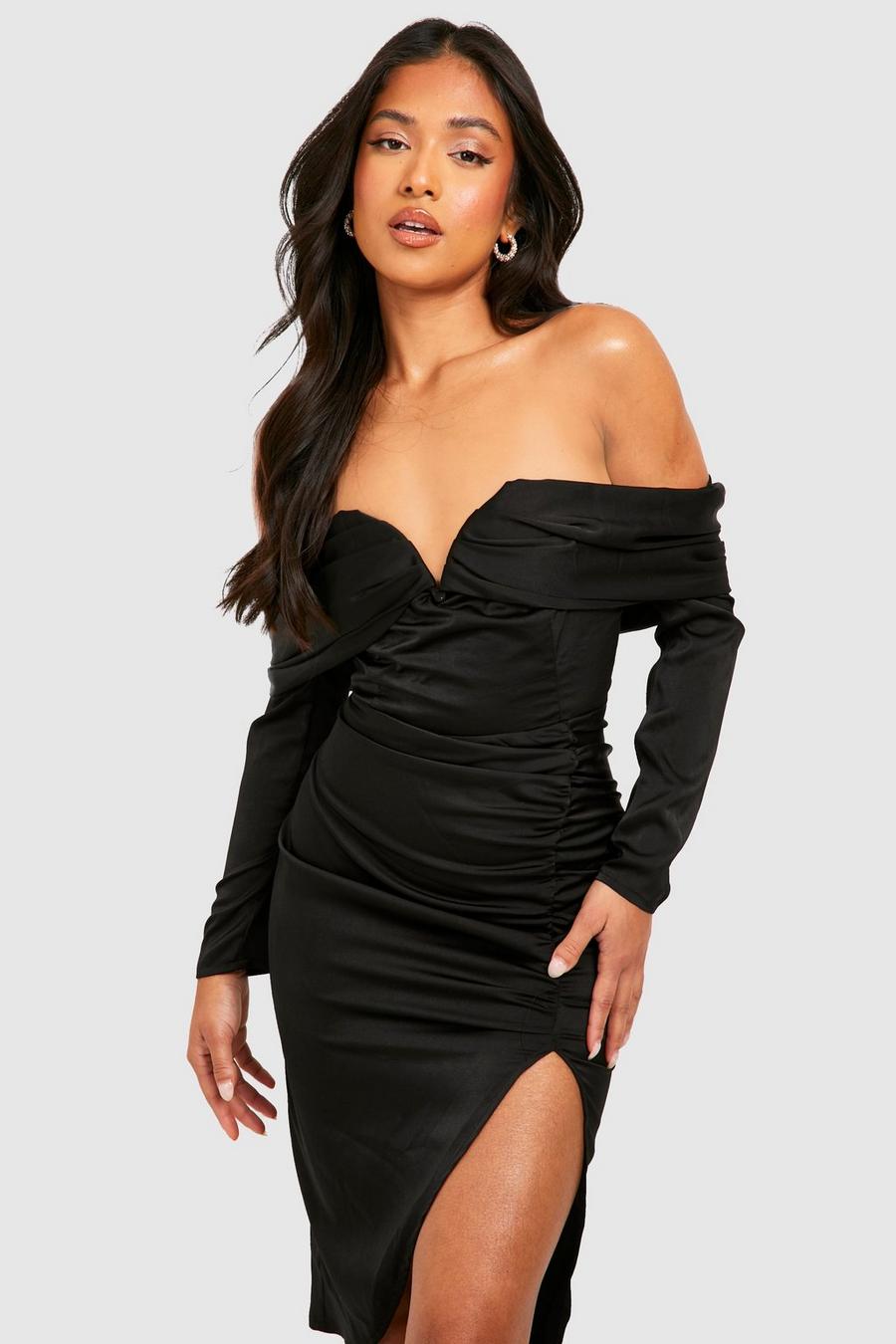 Black Petite Drape Shoulder Satin Split Midi Dress image number 1