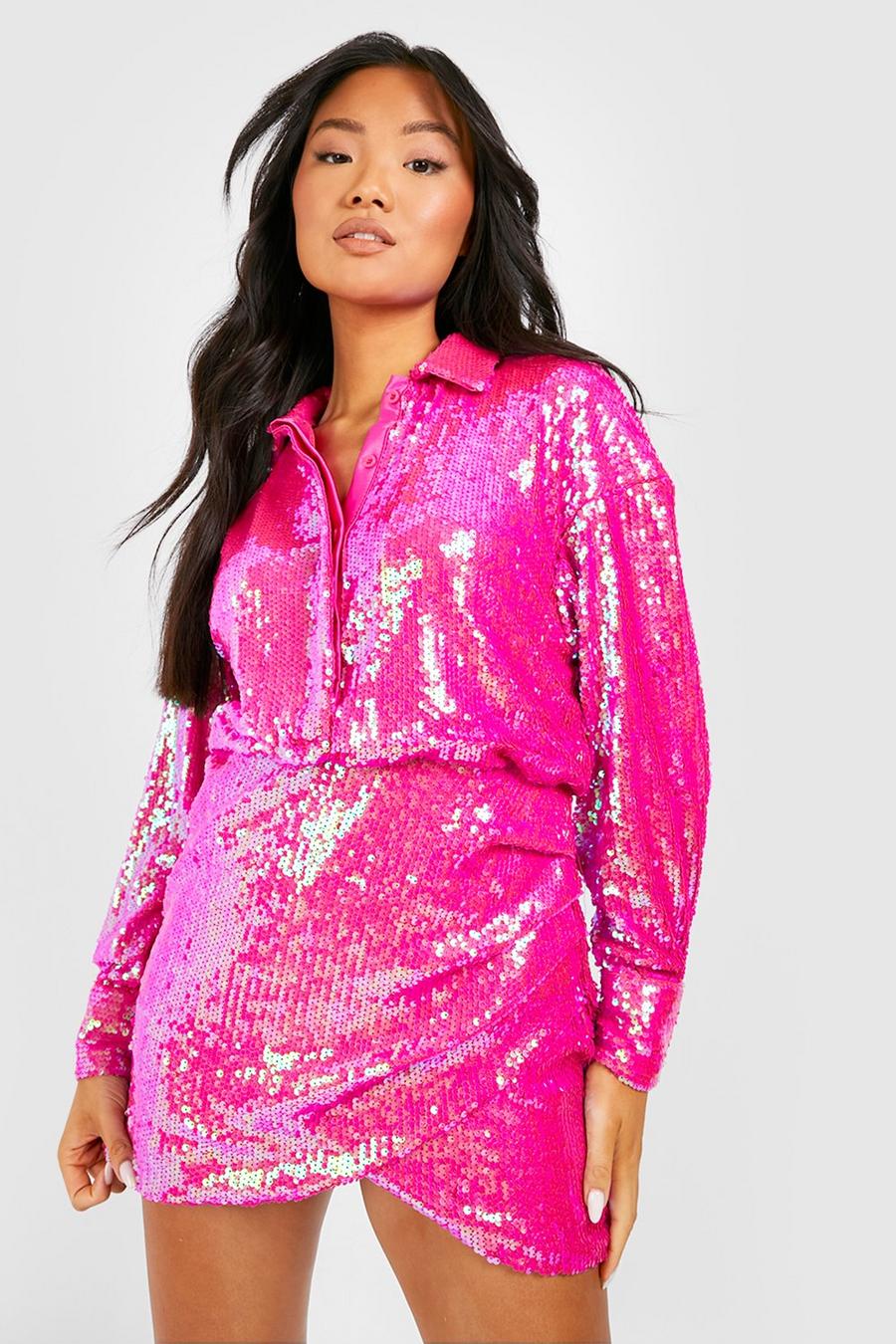 Hot pink Petite - Glittrig skjortklänning med paljetter image number 1