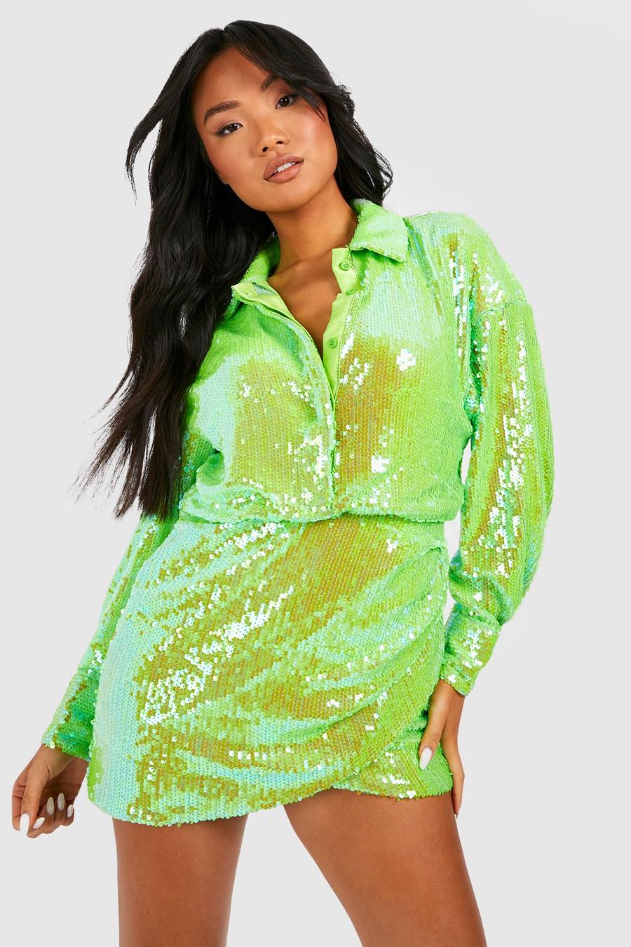 Lime green Petite Sequin Shirt Dress image number 1
