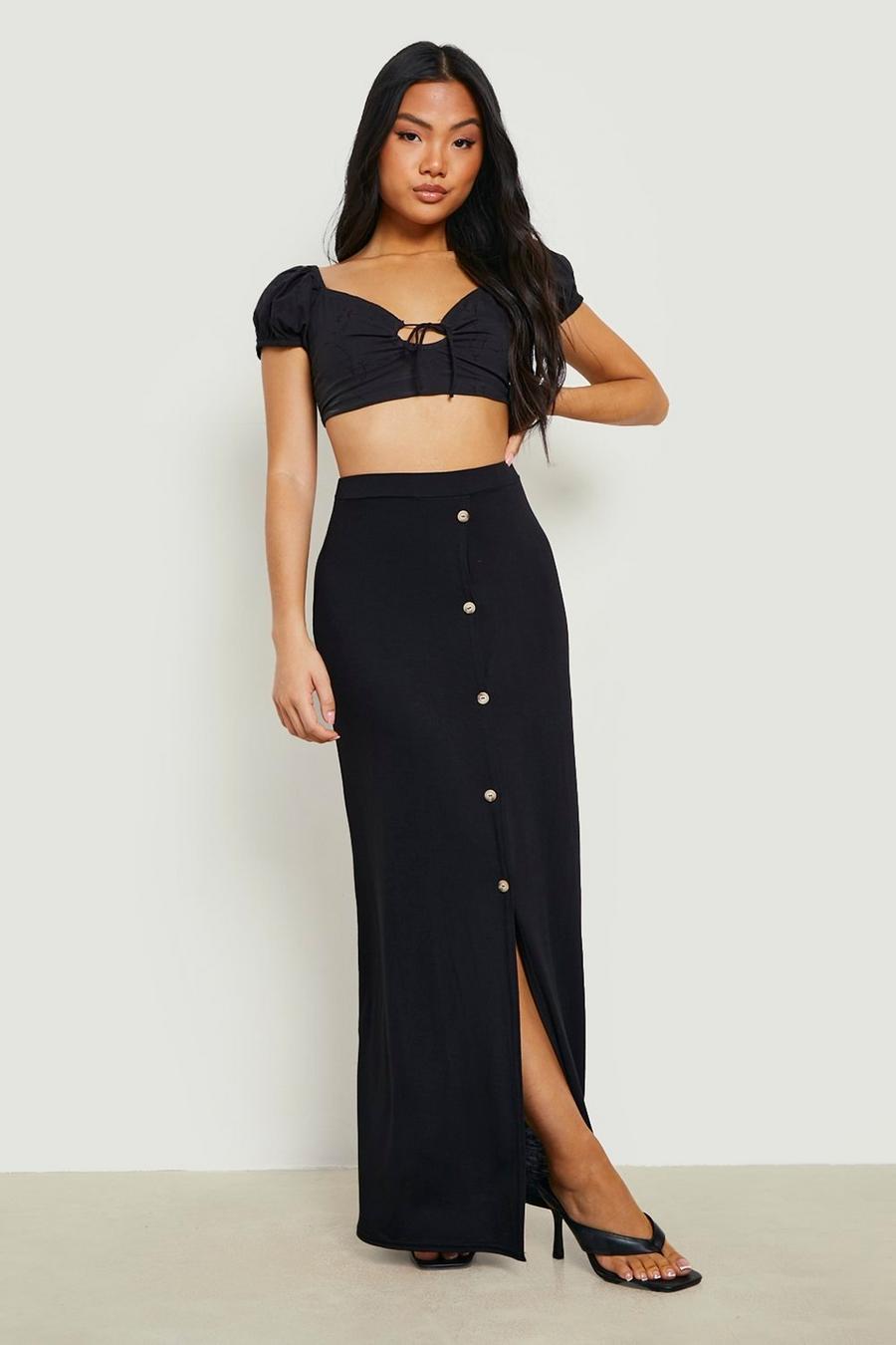 Black Petite Button Front Jersey Maxi Skirt image number 1
