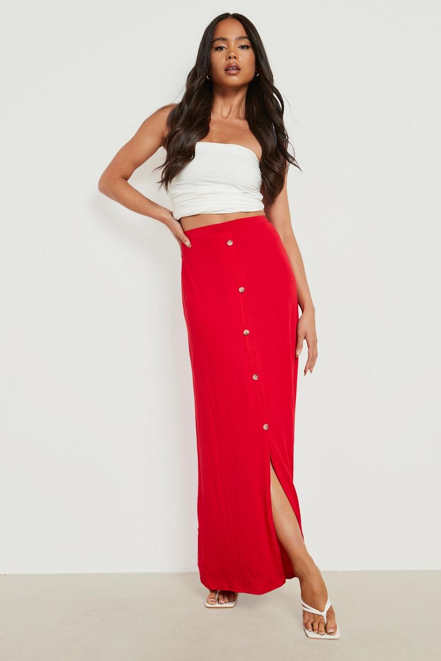 Red Petite Button Front Jersey Knit Maxi Skirt image number 1