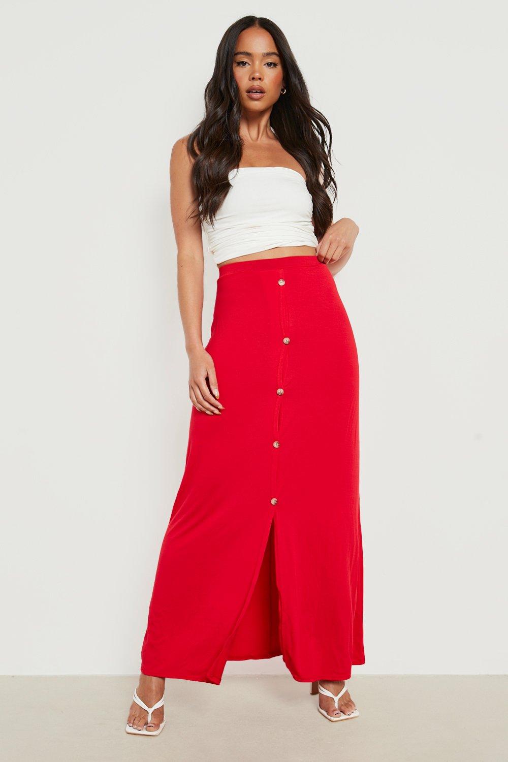 Petite Button Front Jersey Knit Maxi Skirt