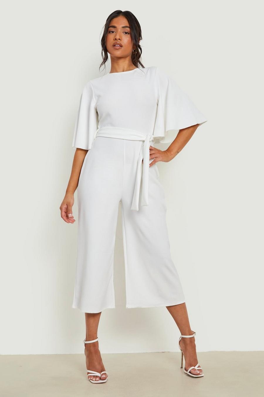 White Petite Angel Sleeve Belted Culotte Jumpsuit image number 1