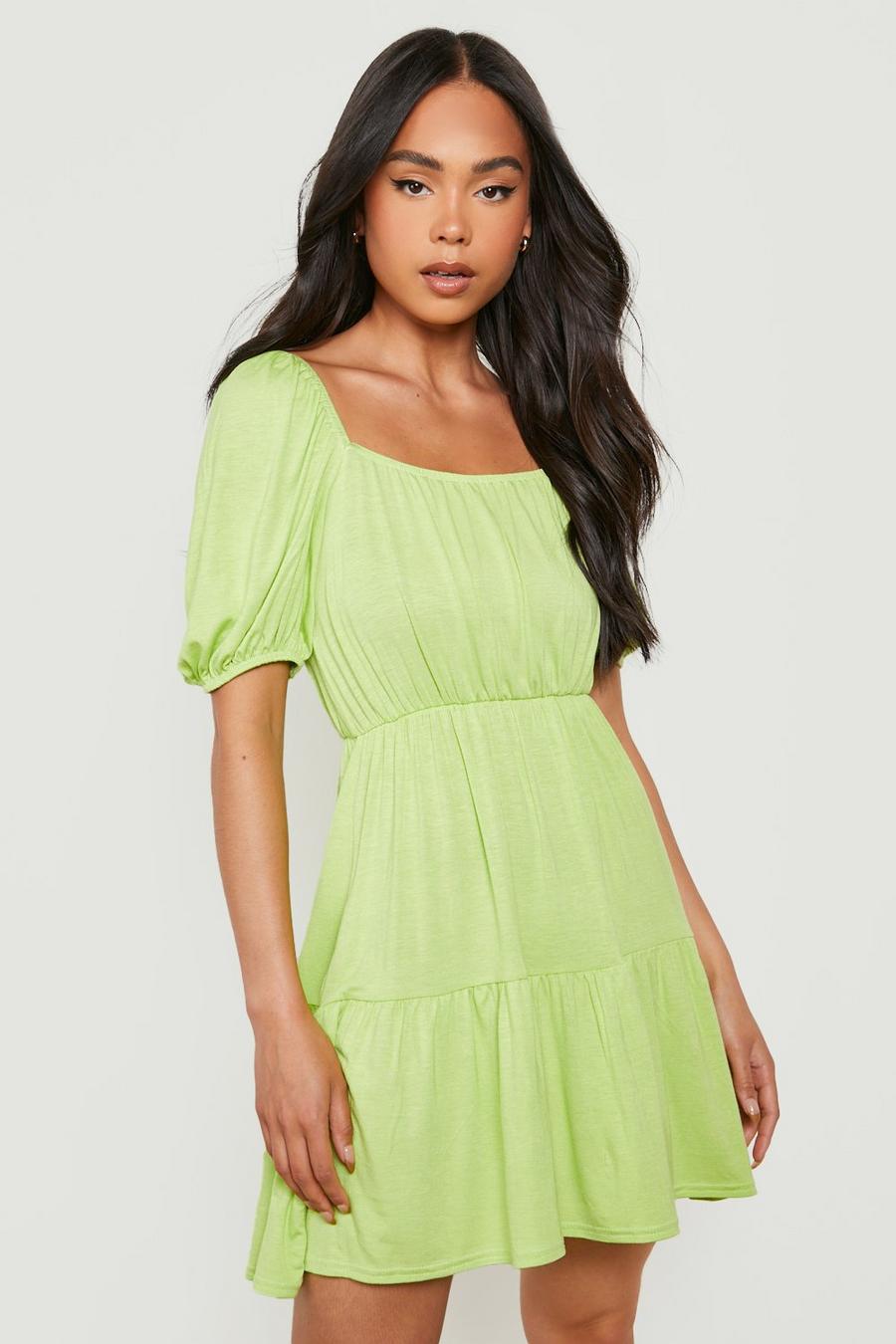 Lime Petite Square Neck Puff Sleeve Smock Dress image number 1