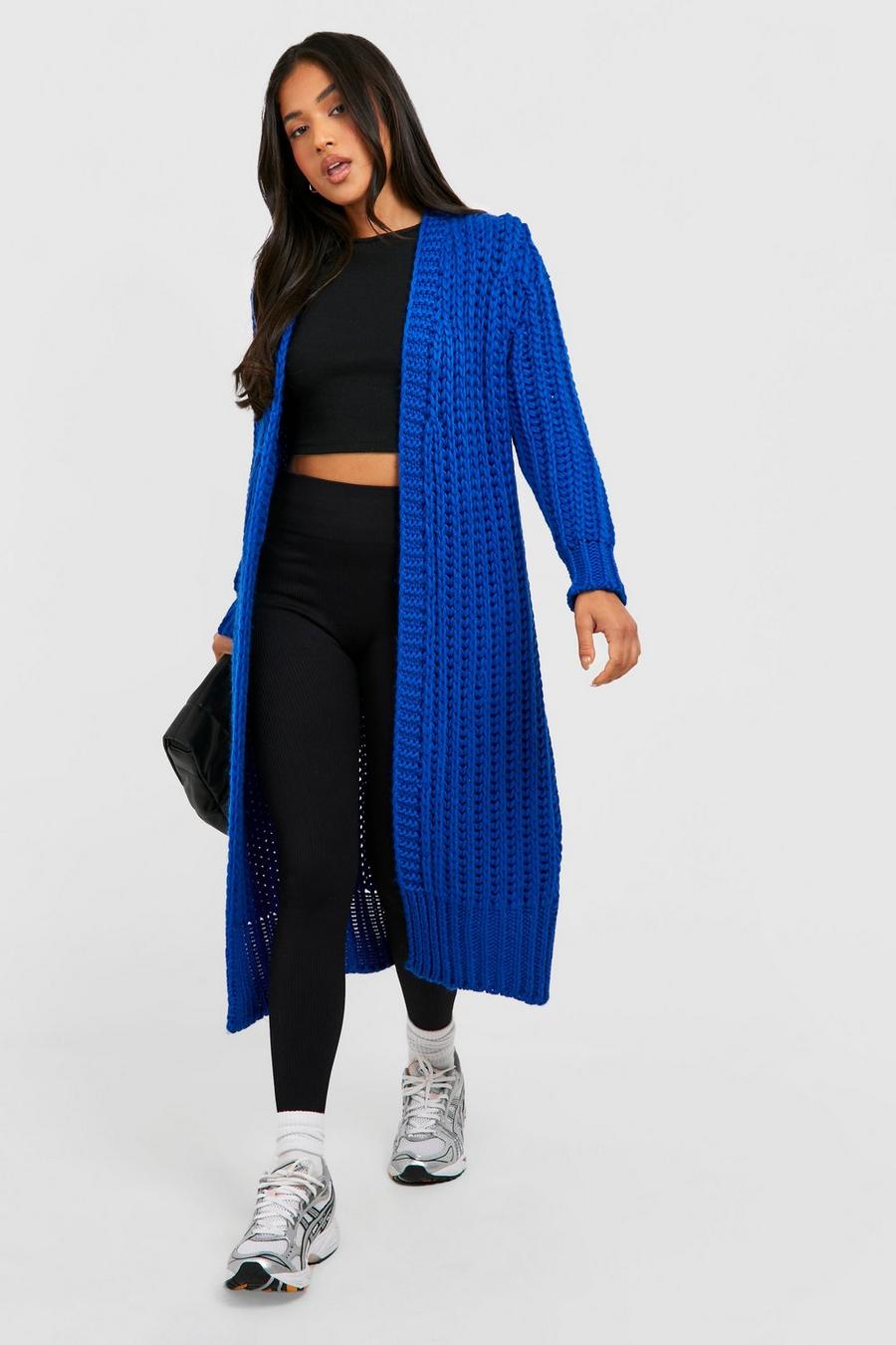 Blue Petite Chunky Knitted Maxi Cardigan 