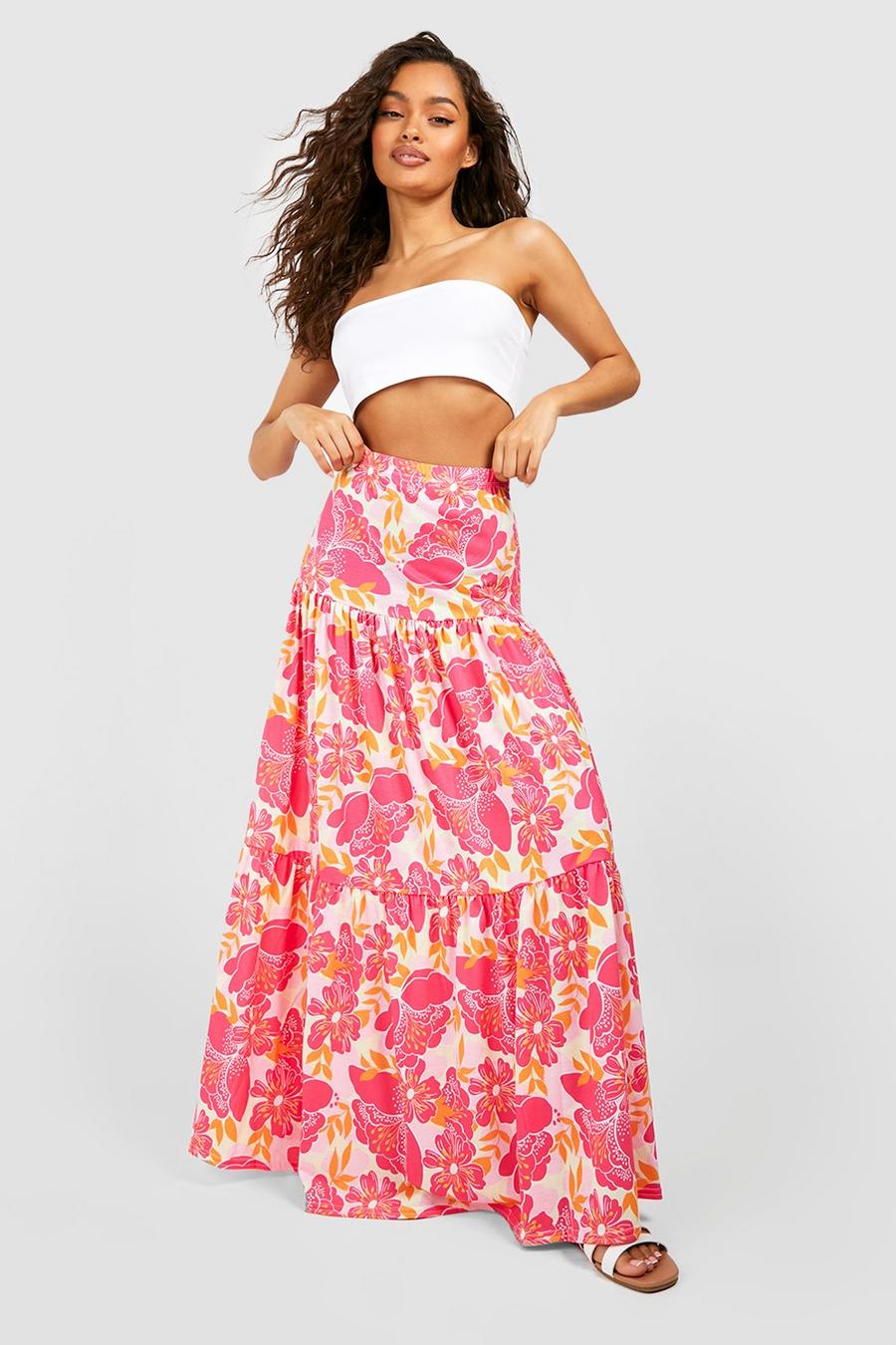 Pink Floral Boho Maxi Skirt