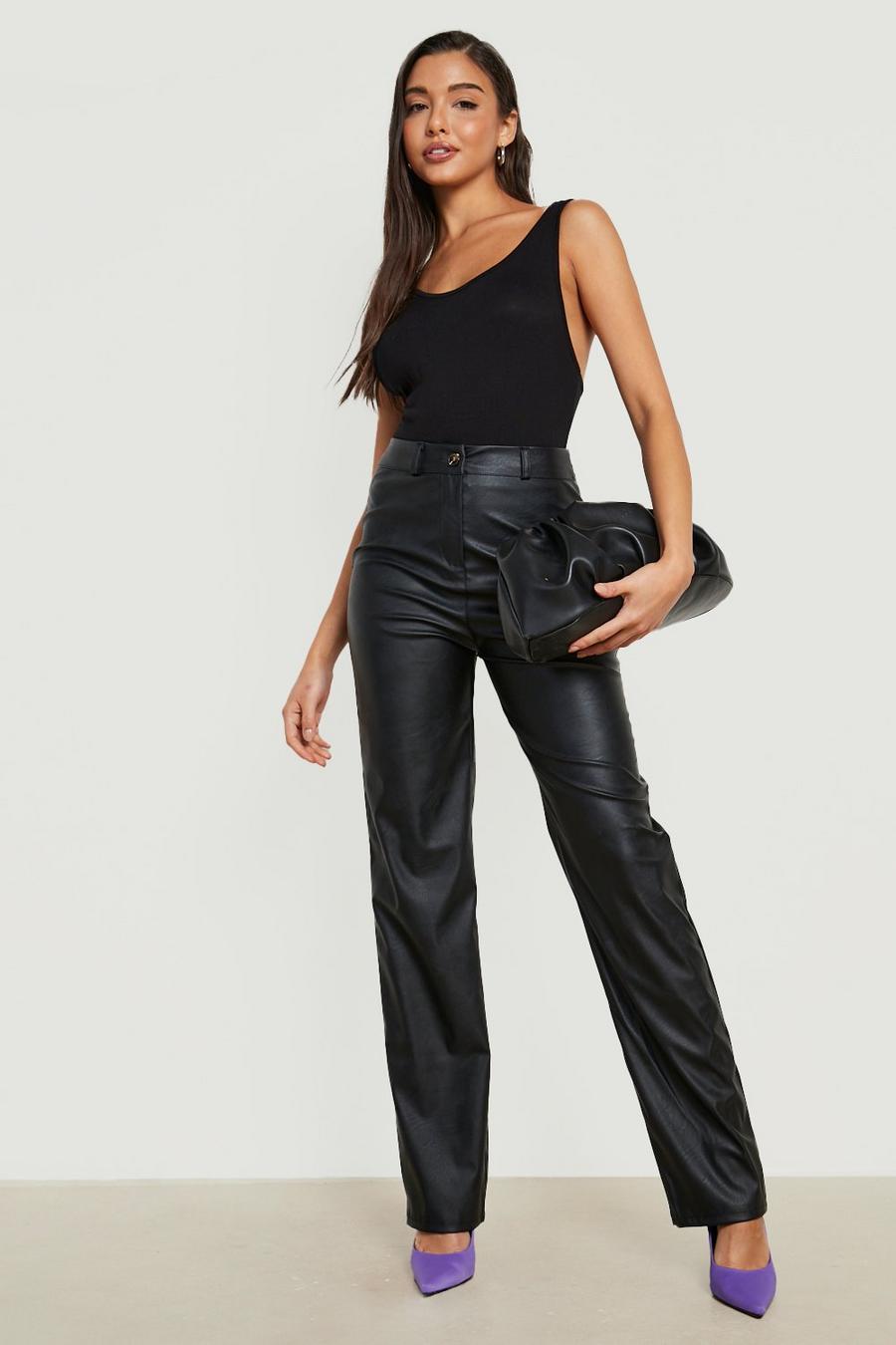 Black Straight Leg Leather Look Trousers image number 1