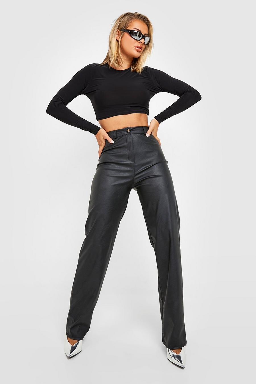 Black Straight Leg Leather Look Trousers image number 1
