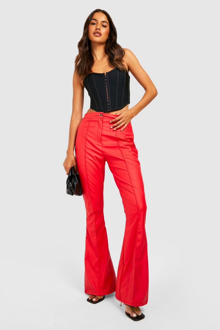 Red Flared Leg Leather Look Trouser image number 1