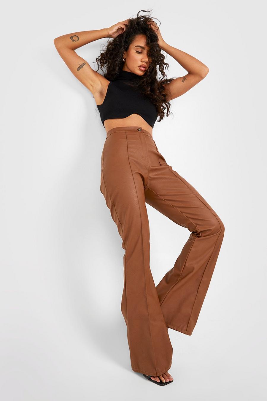 Chocolate Flared Leg Faux Leather Pants image number 1