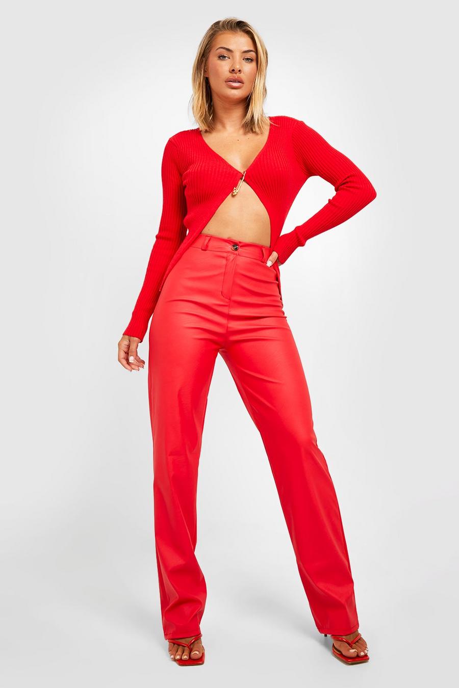 Red Straight Leg Leather Look Trousers