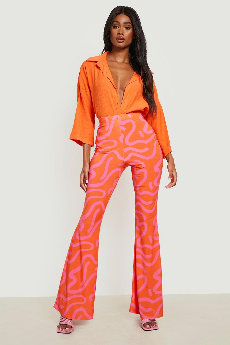 Pantalon flare à imprimé abstrait, Orange image number 1