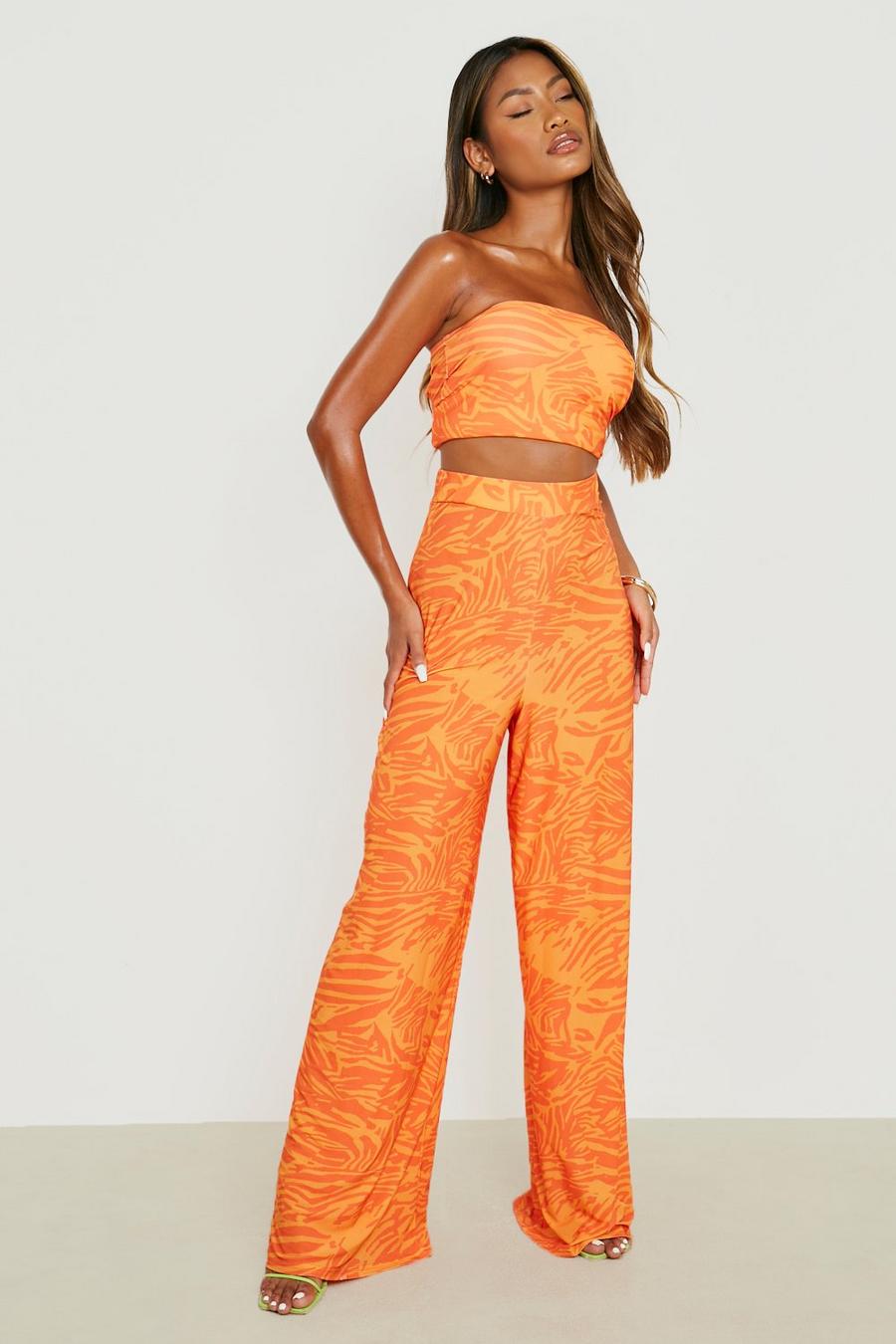 Pantalon large imprimé à taille haute, Orange image number 1