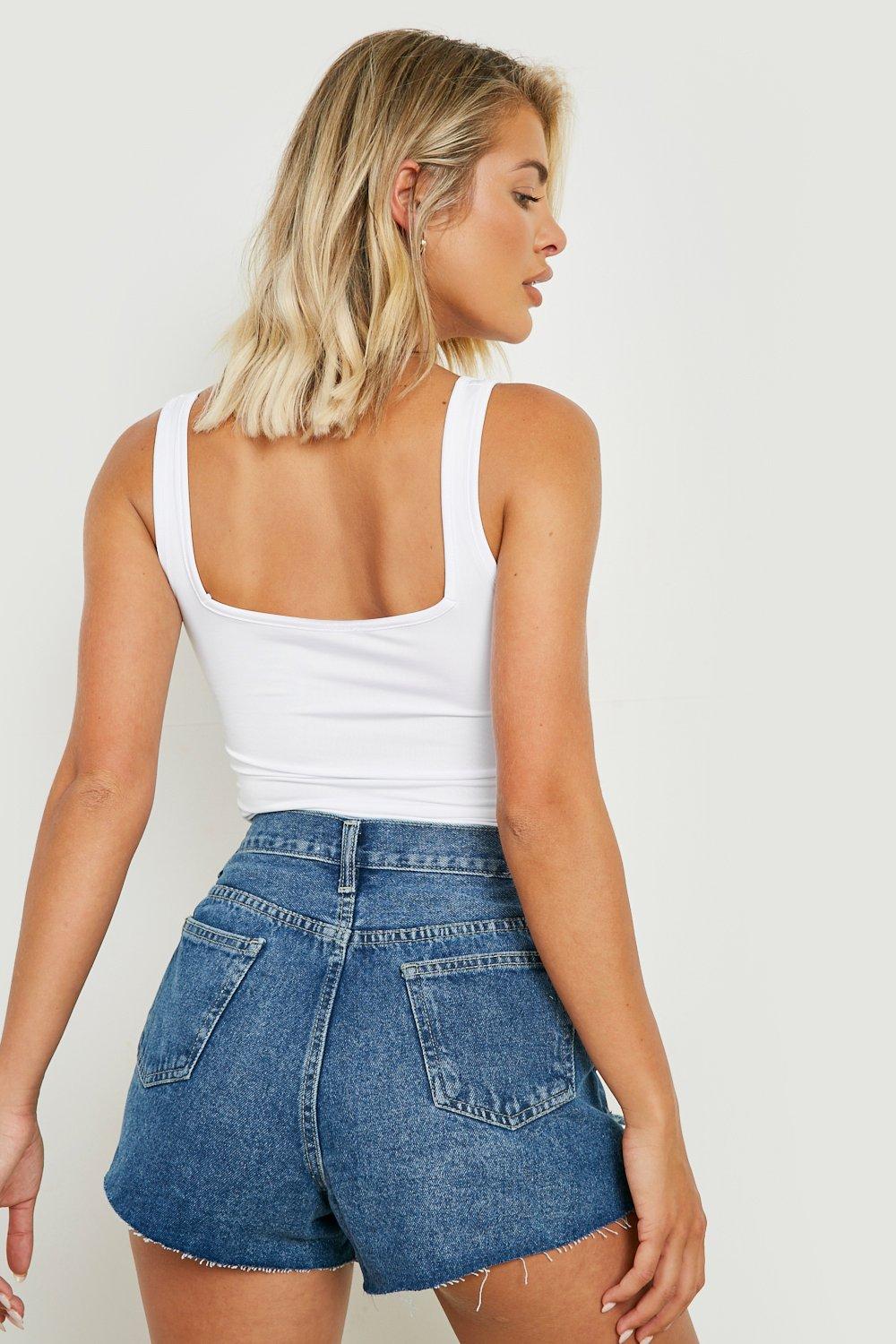 Tall Mid Rise Frayed Hem Mini Jean Shorts