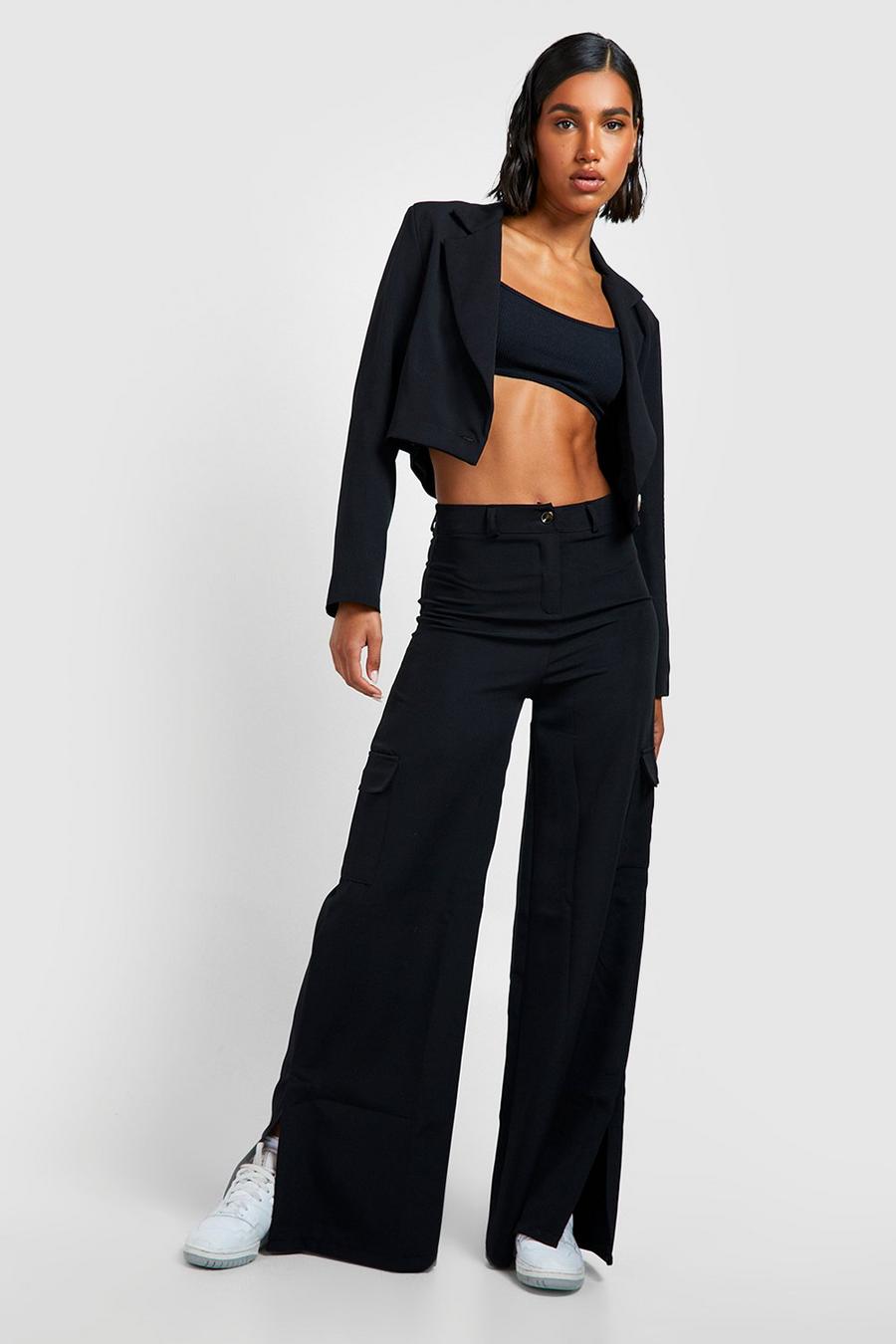 Black Split Side Tailored Wide Leg Cargo Trousers  image number 1