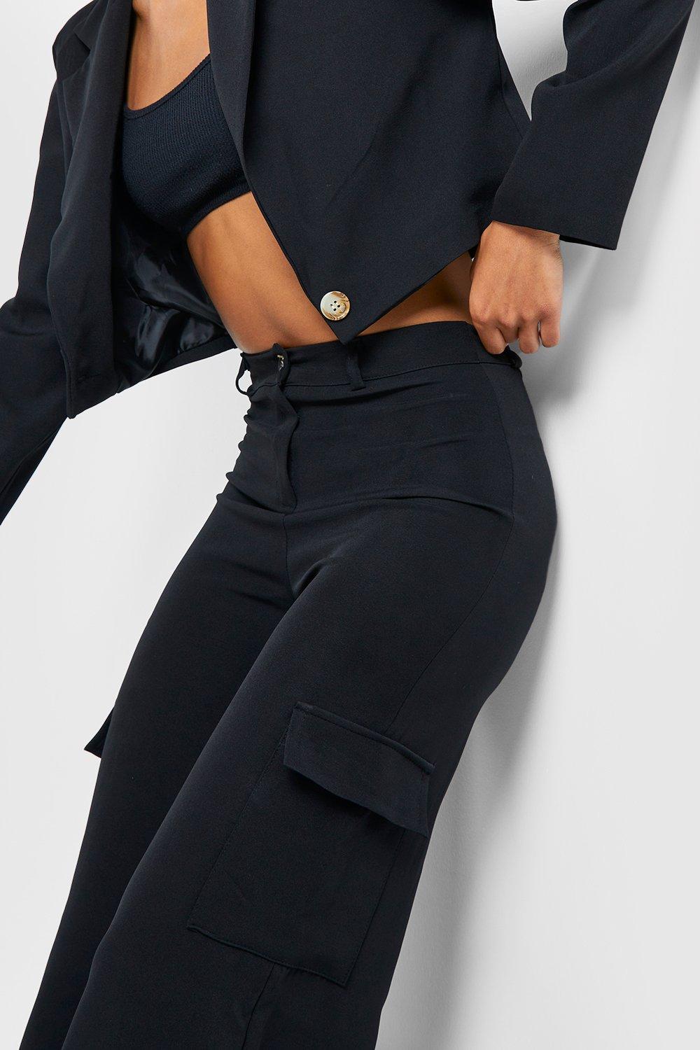 Slacks and Chinos Cargo trousers Boohoo Split Side Tailored Wide Leg Cargo Pants in Black Womens Clothing Trousers 