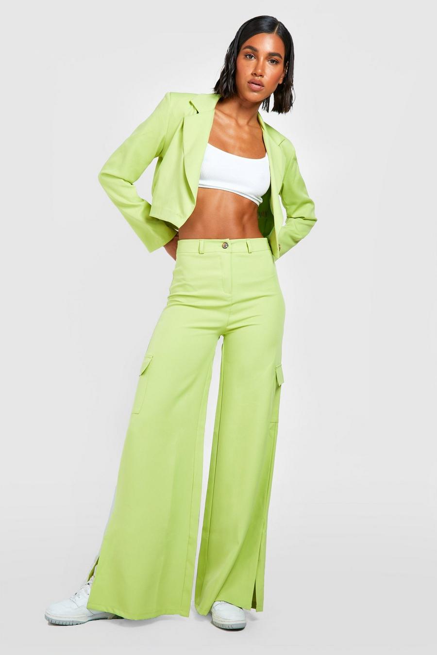 Olive Split Side Tailored Wide Leg Cargo Trousers  image number 1