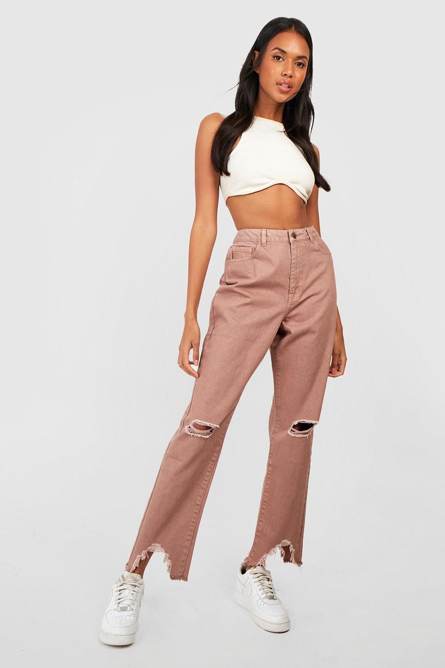 Sand beis Ripped Distressed High Waisted Mom Jeans