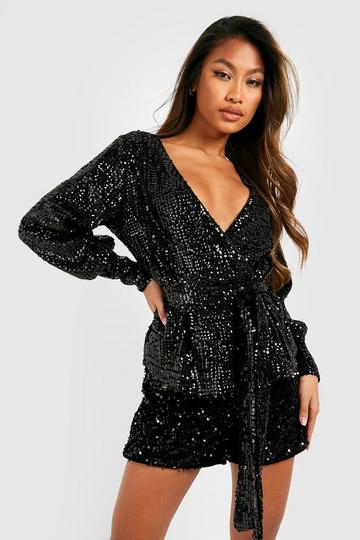 Black Sequin High Waist Fitted Short