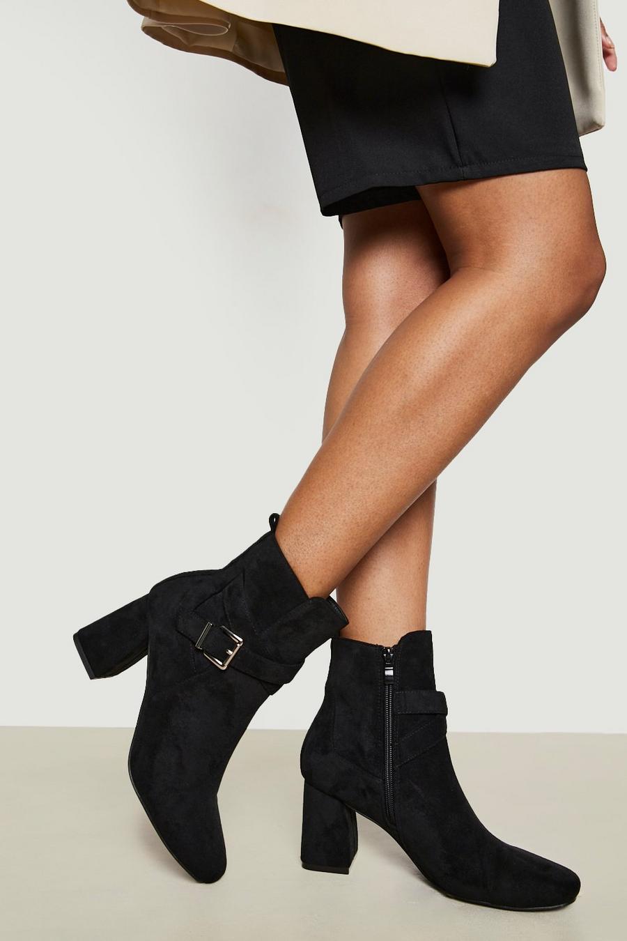 Black svart Block Heel Side Buckle Shoe Boots