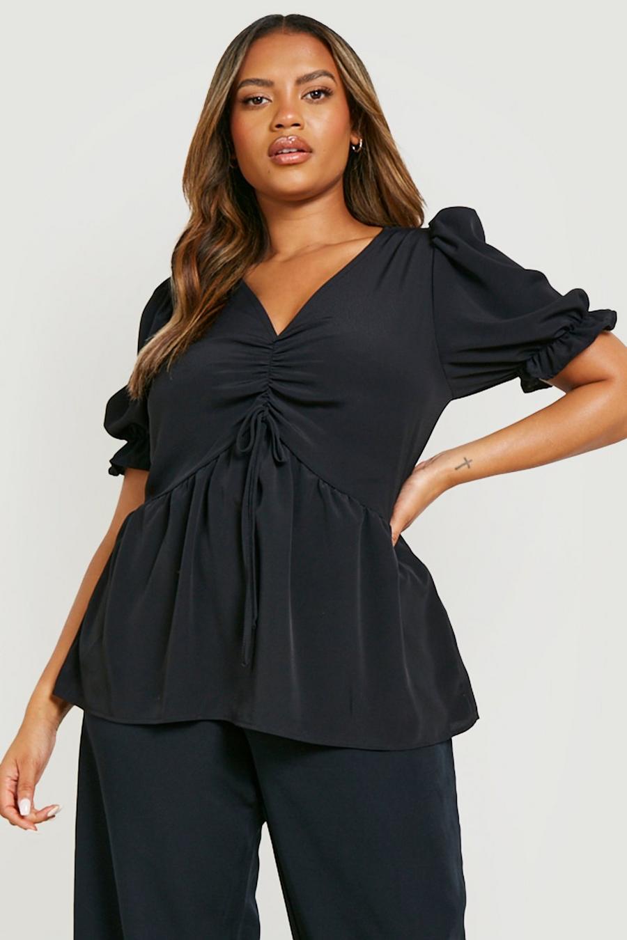 Black Plus Woven Ruched Front Peplum Top