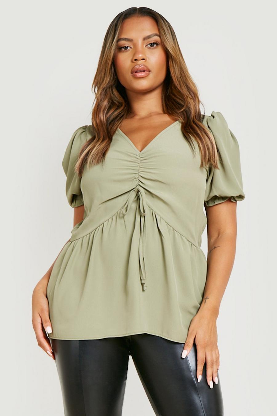 Khaki Plus Woven Ruched Front Peplum Top
