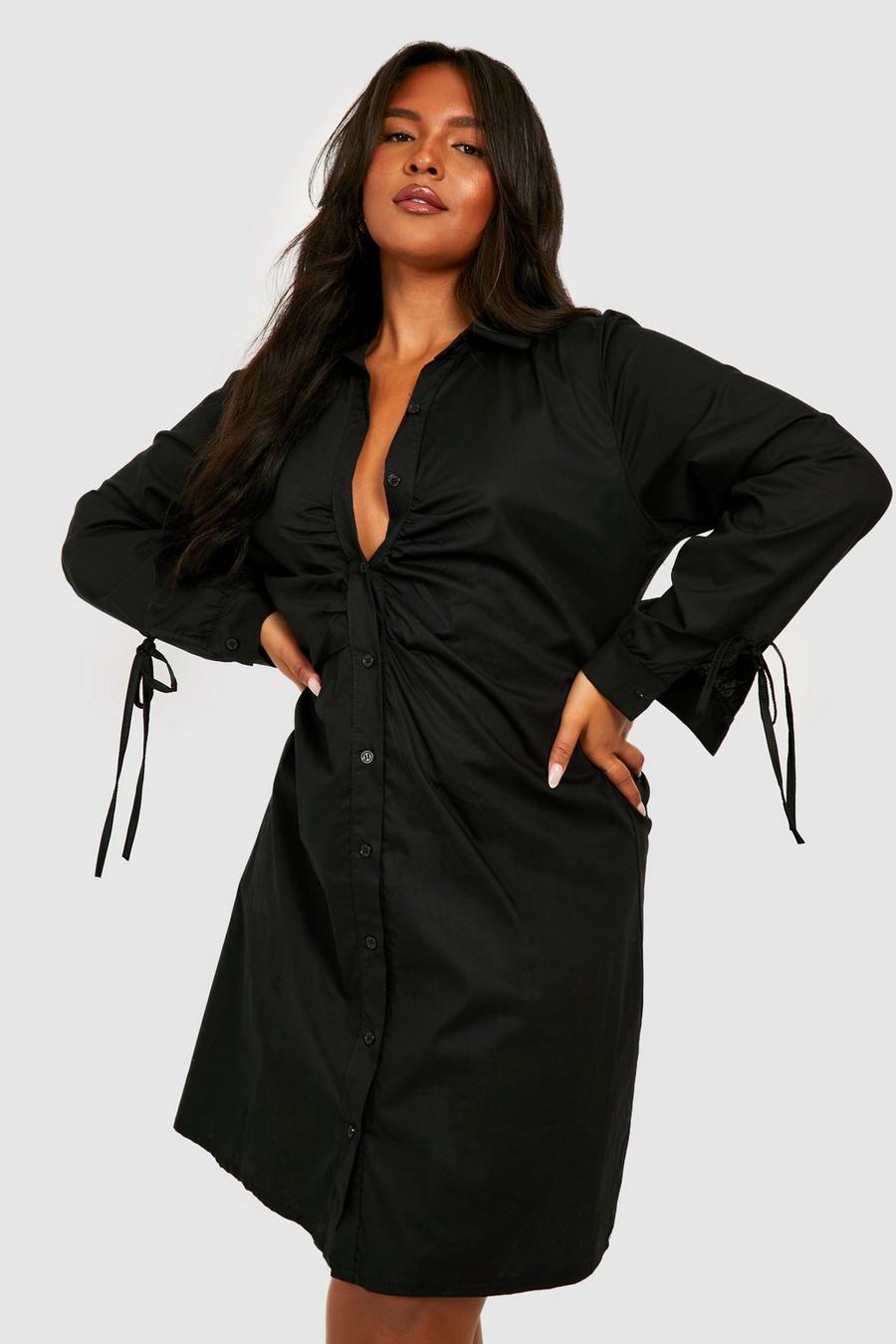 Vestito camicia Plus Size in popeline con ruches e laccetti sui polsini, Black