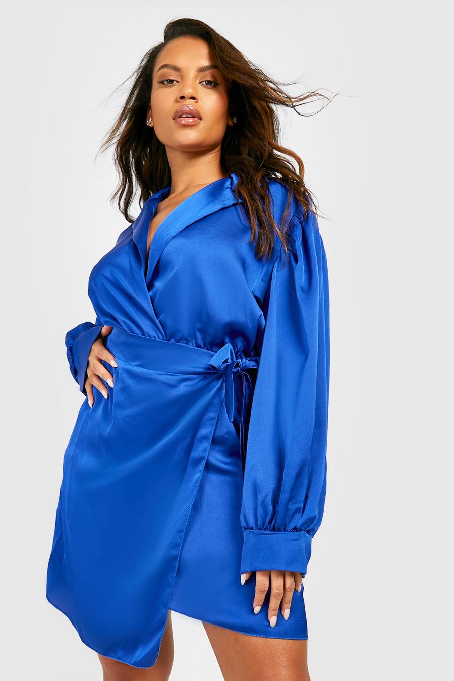 Cobalt blue Plus Satin Deep Cuff Shirt Dress