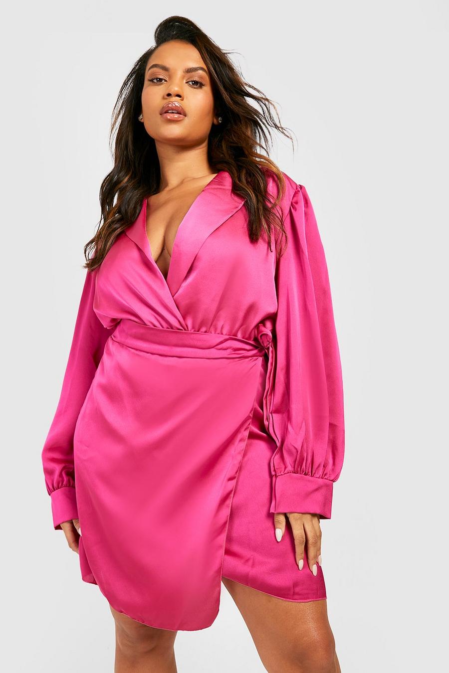 Hot pink Plus Satin Deep Cuff Shirt Dress image number 1