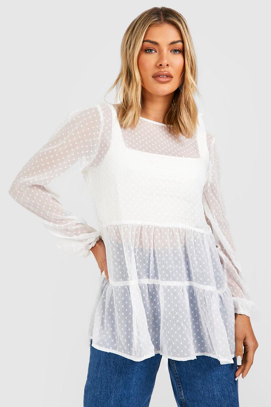 Ivory Dobby Mesh Tiered Smock Top