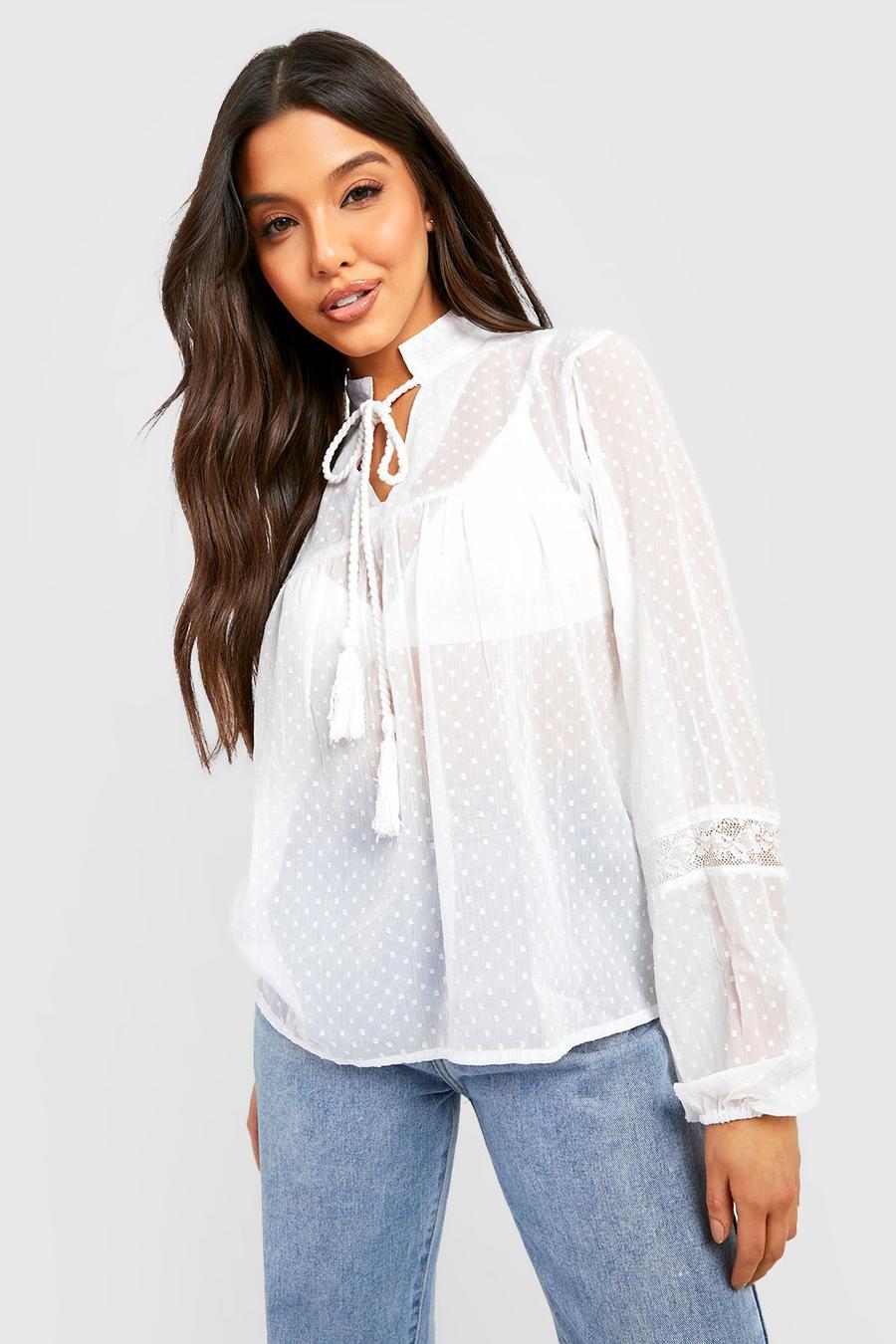 Ivory Dobby Mesh Tie Neck Balloon Sleeve Blouse image number 1