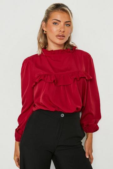 Woven High Neck Frill Blouse berry