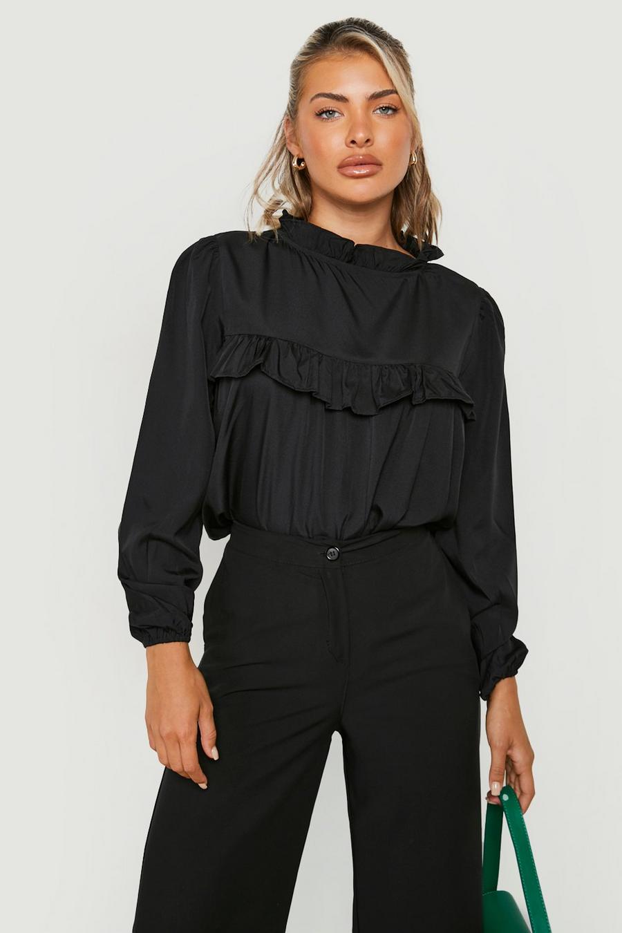 Black Woven High Neck Frill Blouse image number 1