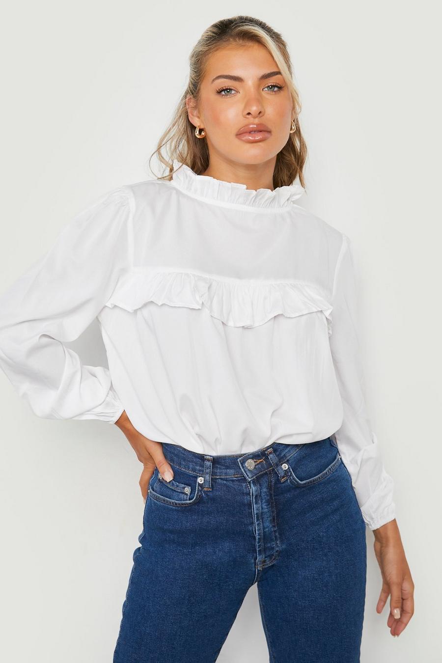 White Woven High Neck Frill Blouse image number 1