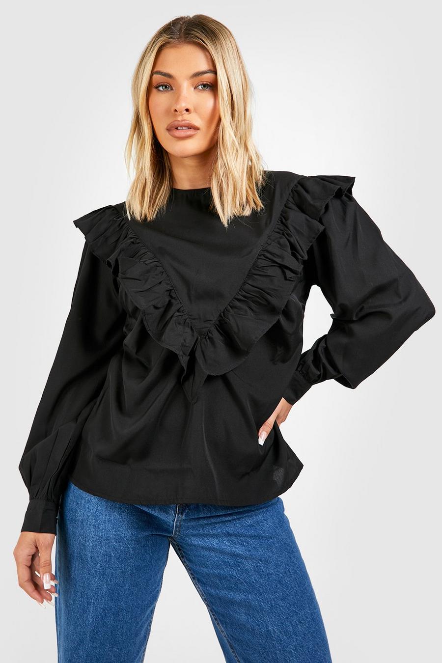Black Woven Frill Detail Blouse  image number 1