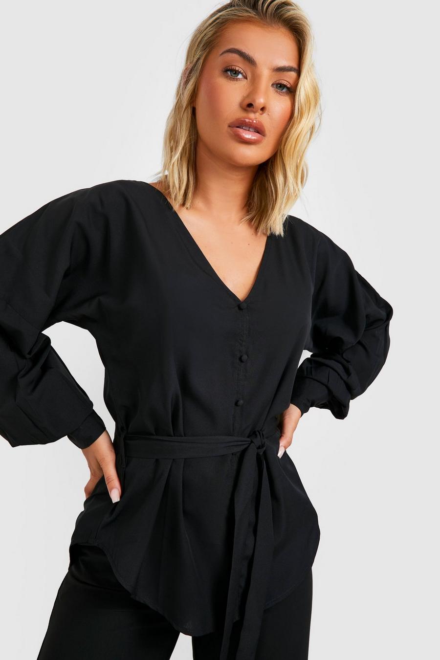 Black Woven Button Detail Belted Blouse image number 1