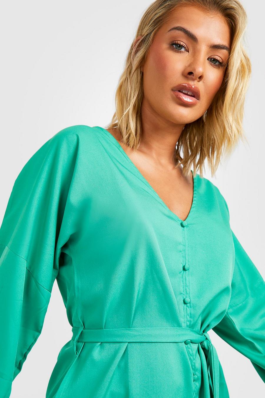 Green Woven Button Detail Belted Blouse image number 1