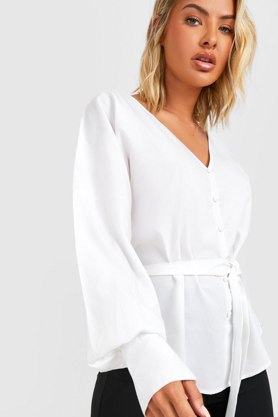 White Woven Button Detail Belted Blouse image number 1