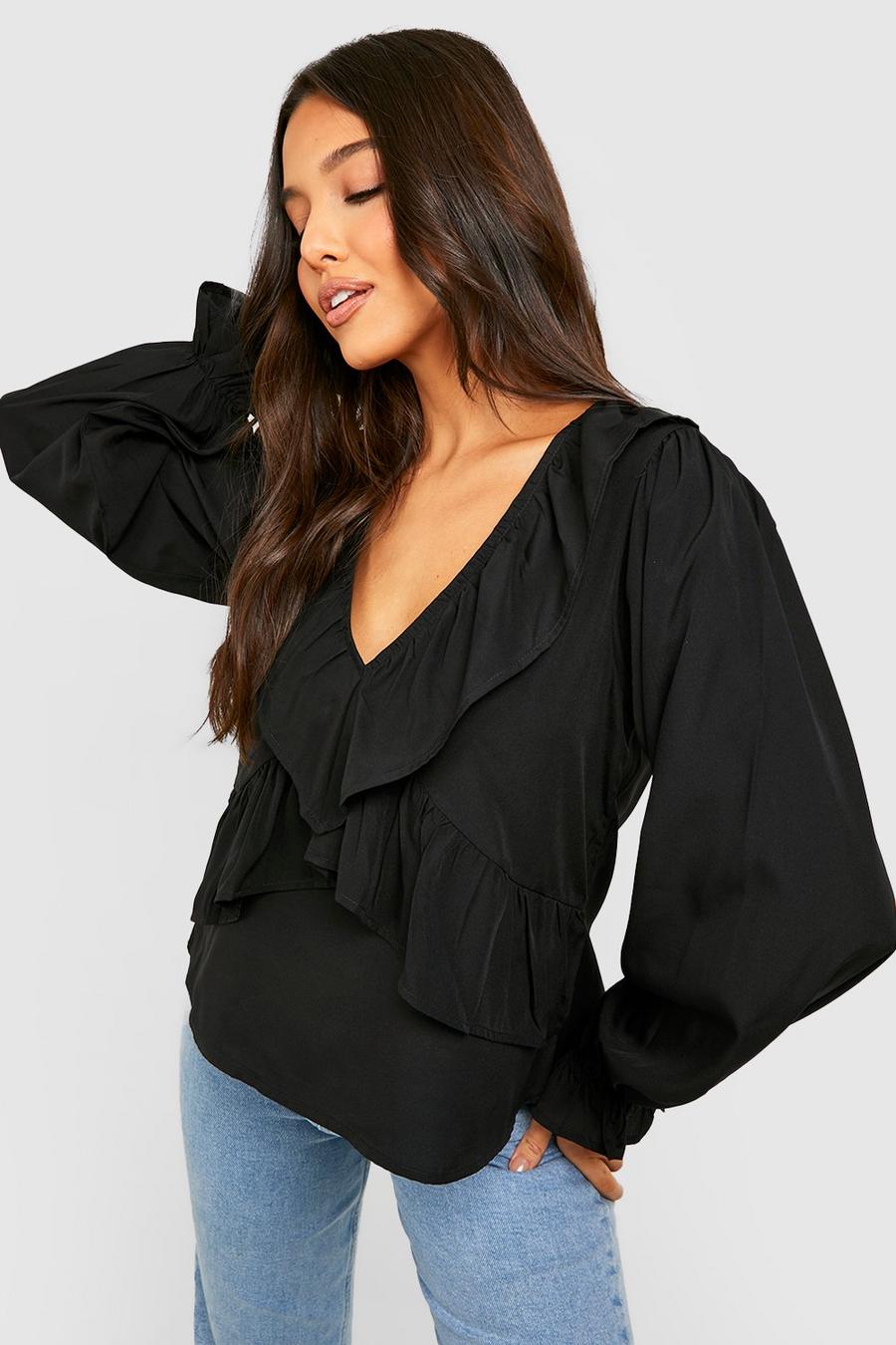 Black Woven Frill Detail Puff Sleeve Blouse image number 1