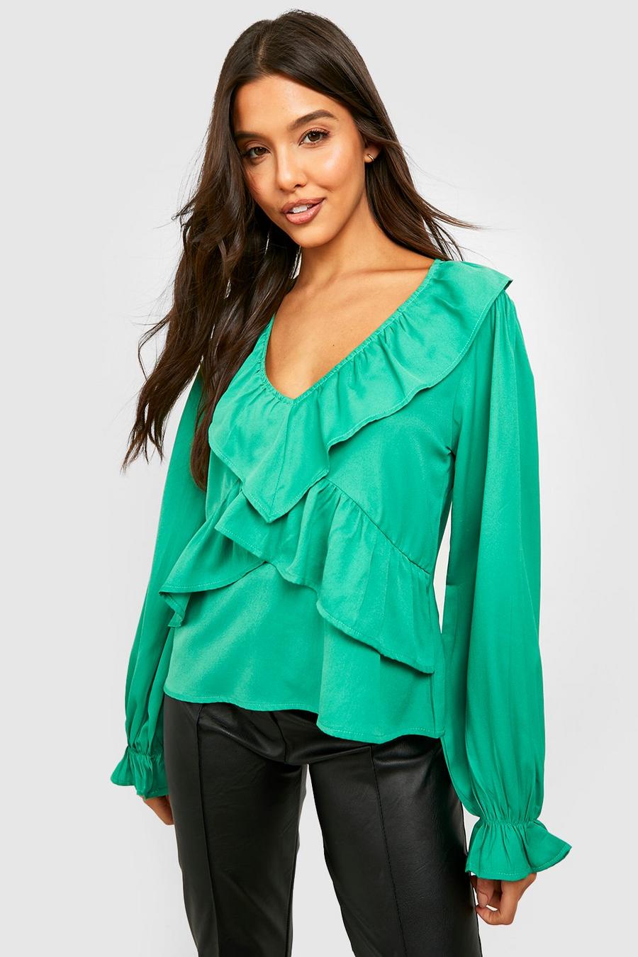 Green Woven Frill Detail Puff Sleeve Blouse image number 1