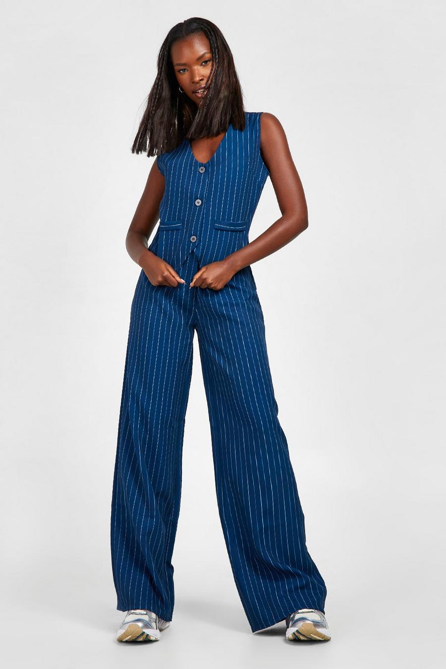 Navy Slouchy Pinstripe Dress Pants image number 1