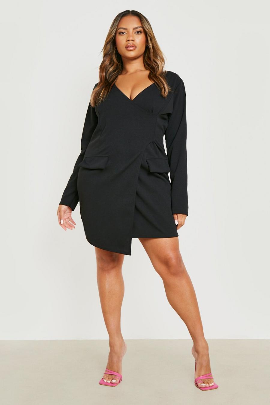 Black Plus Collarless Asymmetric Blazer Dress image number 1