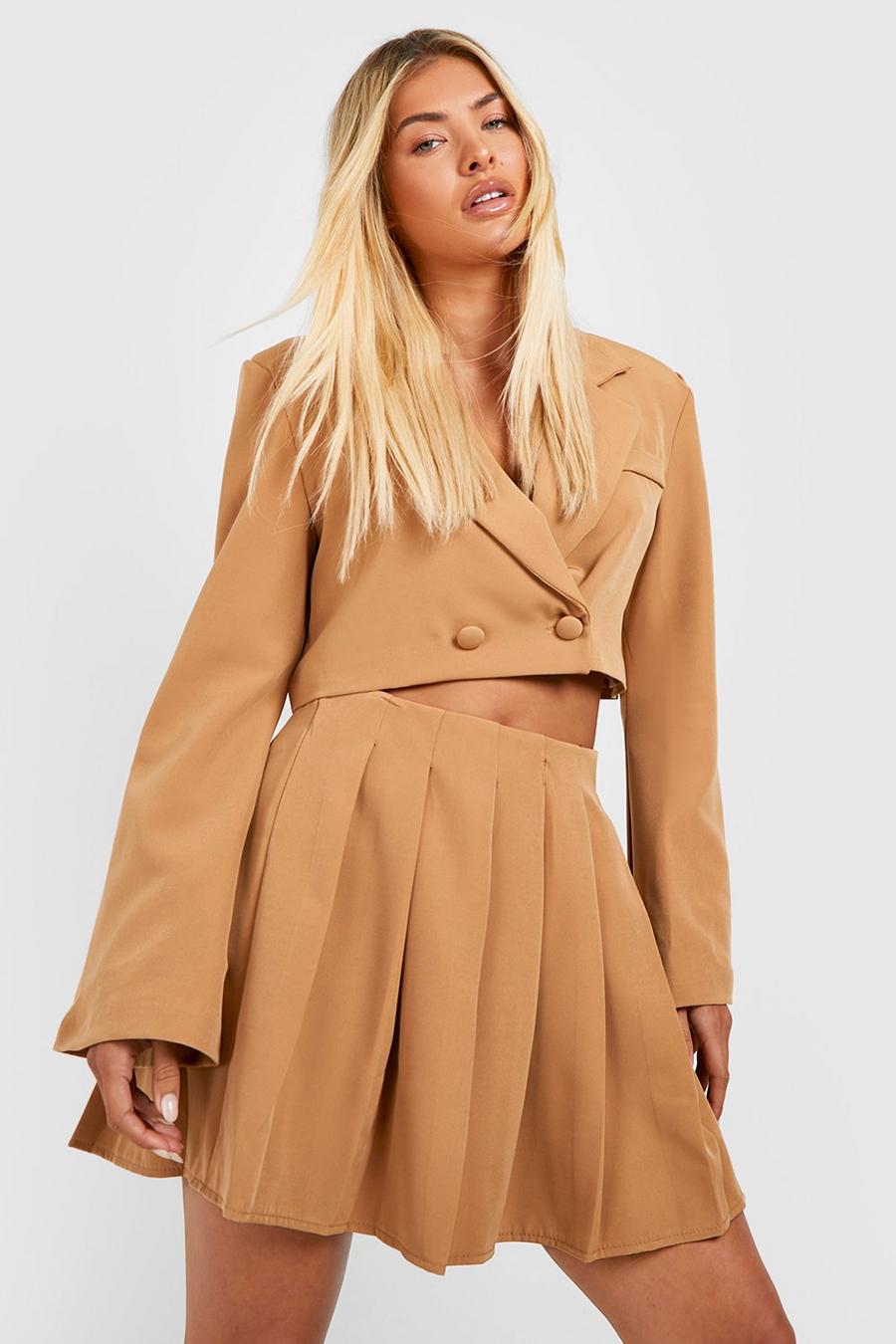 Camel beis Pleated Micro Mini Tailored Skirt 
