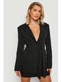 Black Contour Plunge Front Fitted Tailored Blazer