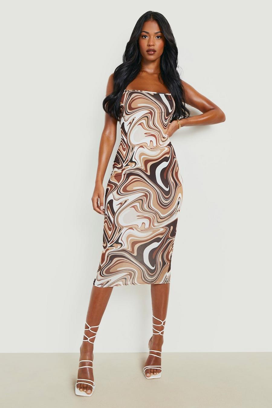 Chocolate brown Tall Recycled Marble Print Slinky Midi Dress