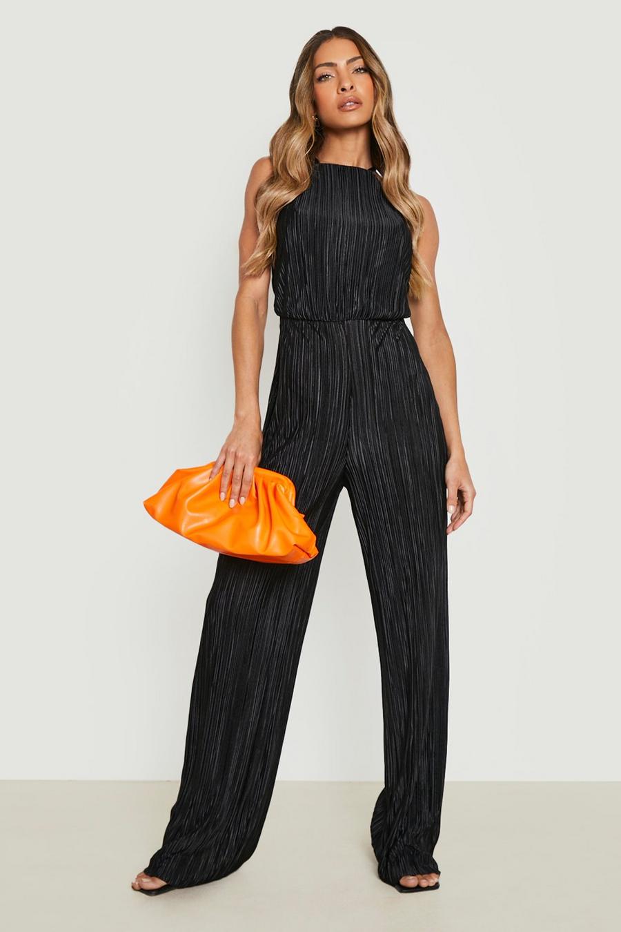 Black Plisse Pleated Split Leg Jumpsuit image number 1