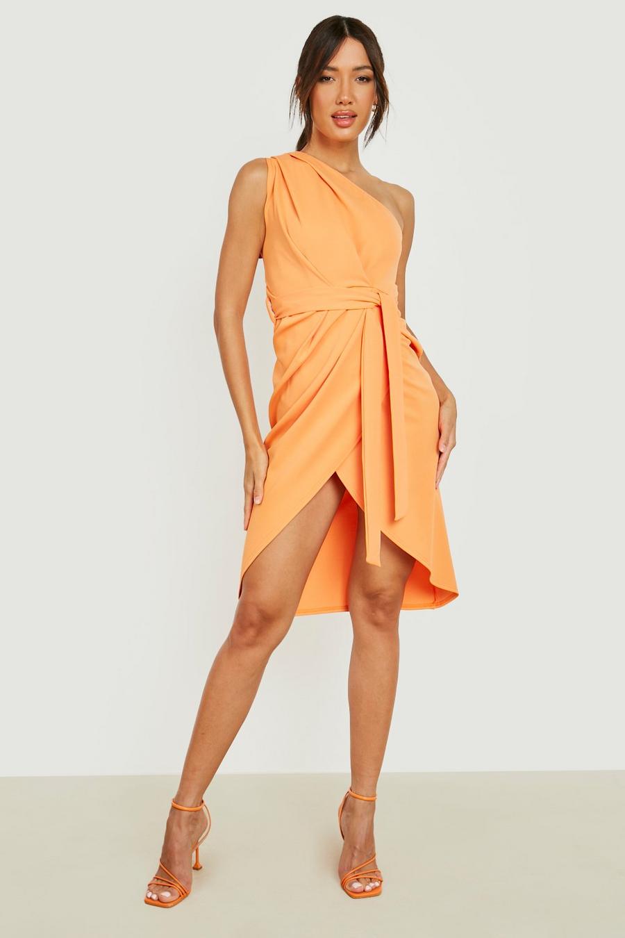 Orange One Shoulder Pleat Detail Midi Dress image number 1