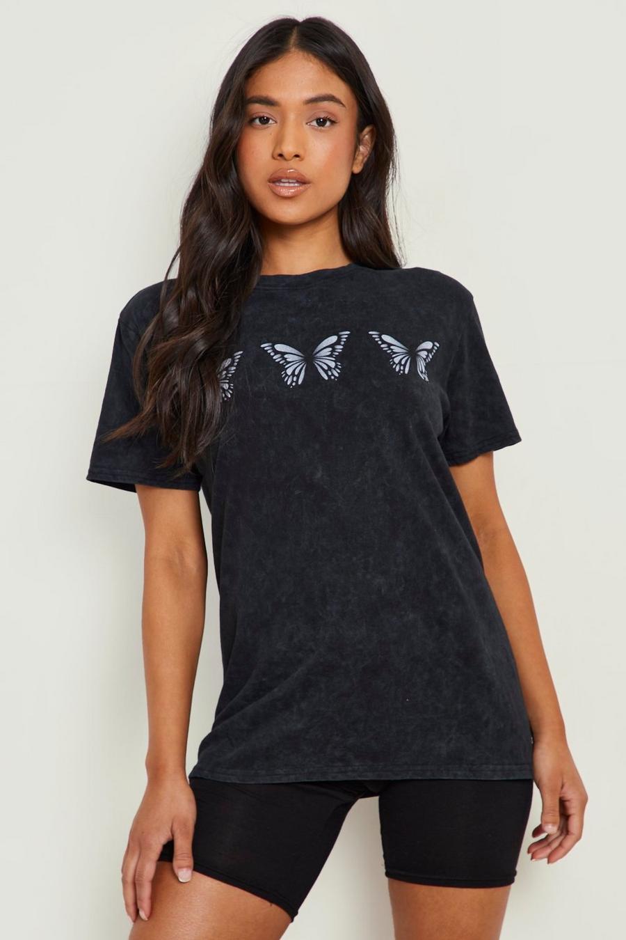 Print T-Shirt mit Acid-Waschung und Schmetterlings-Print, Charcoal gris