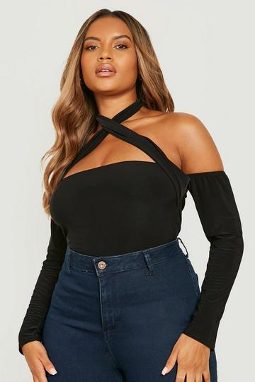 Plus Cold Shoulder Double Layer Bodysuit black